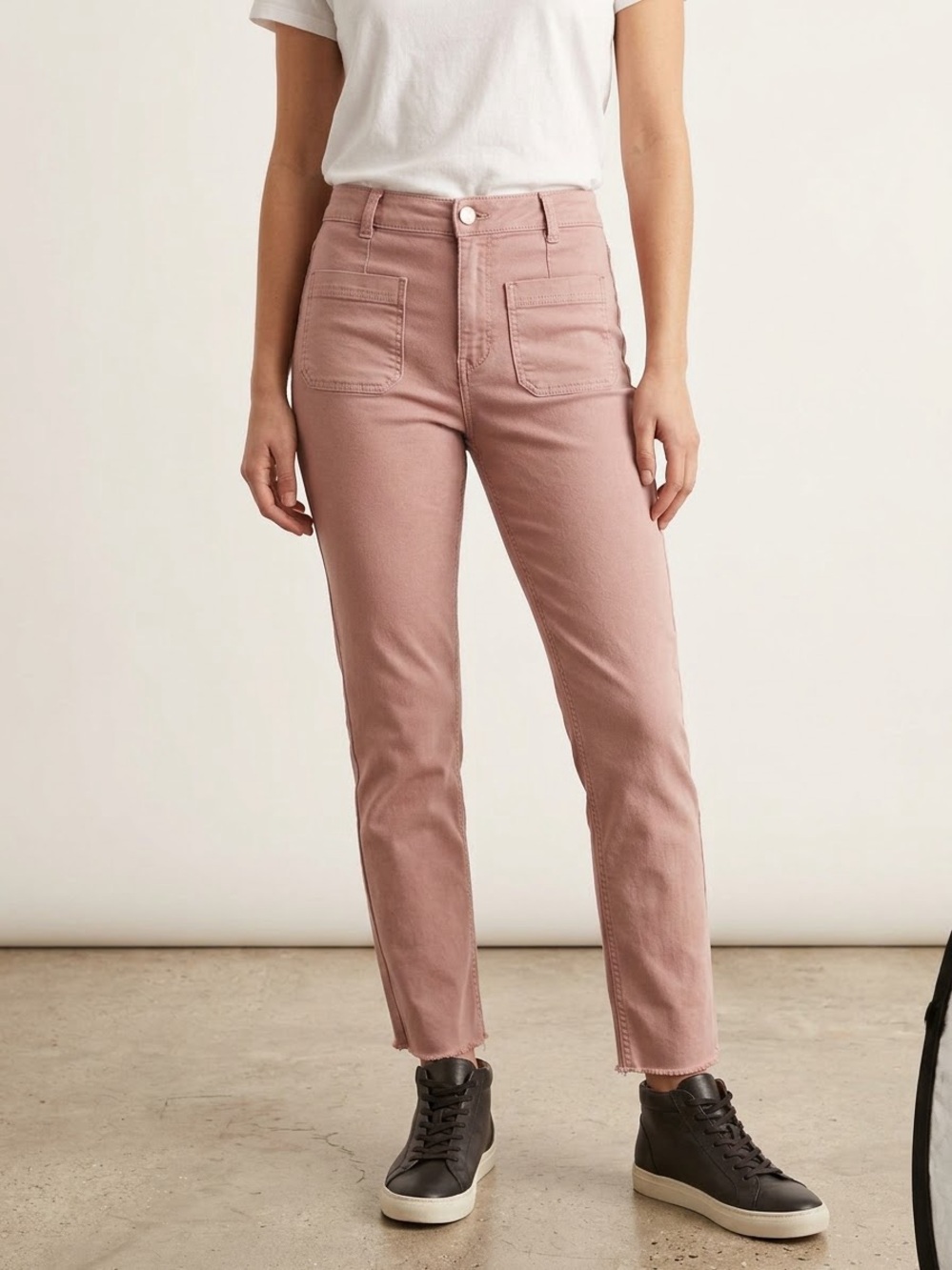 Le Château High Waist Patch Pocket Utility Jeans in Dusty Pink | Raw Hem